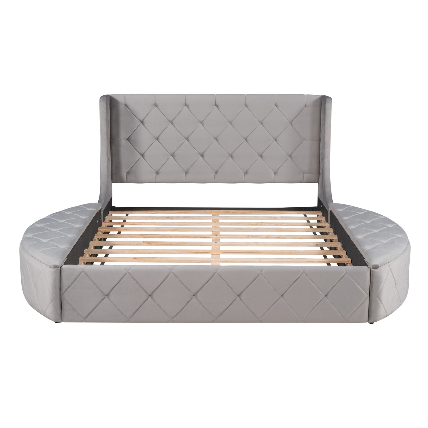 upholstered velvet platform bed with wingback headboard and 1 big drawer; 2 side storage stool