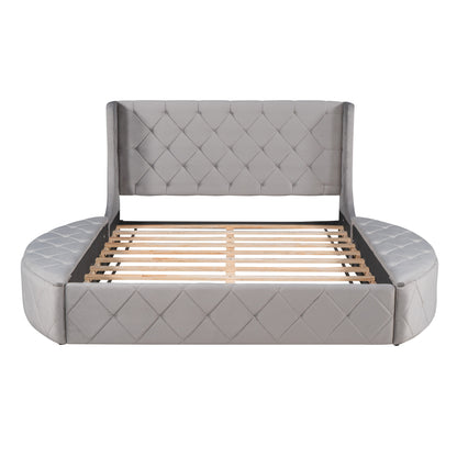 Upholstered Velvet Platform Bed with Wingback Headboard and 1 Big Drawer; 2 Side Storage Stool