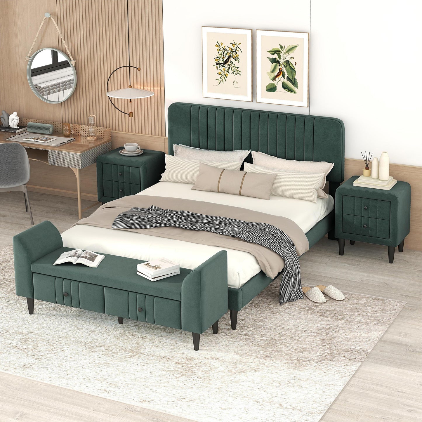 4-pieces upholstered bedroom sets with two nightstands and storage bench-green