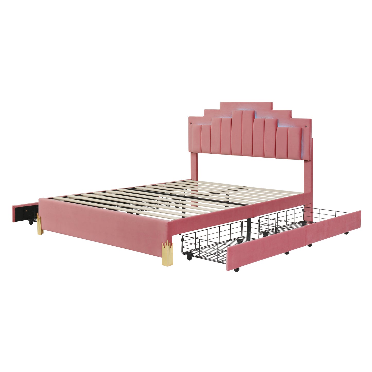 irregular upholstered platform bed with led lights and 4 drawers, pink