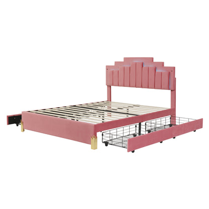 Irregular Upholstered Platform Bed with LED Lights and 4 Drawers, Pink