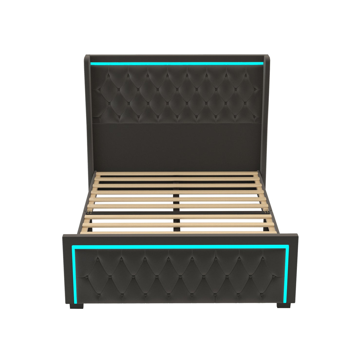 velvet upholstered bed with deep tufted buttons & adjustable colorful led light, black