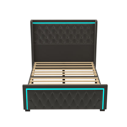 Velvet Upholstered Bed with Deep Tufted Buttons & Adjustable Colorful LED Light, Black