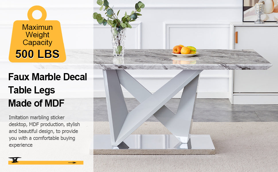 mdf faux marble dining table with white double v-shaped support