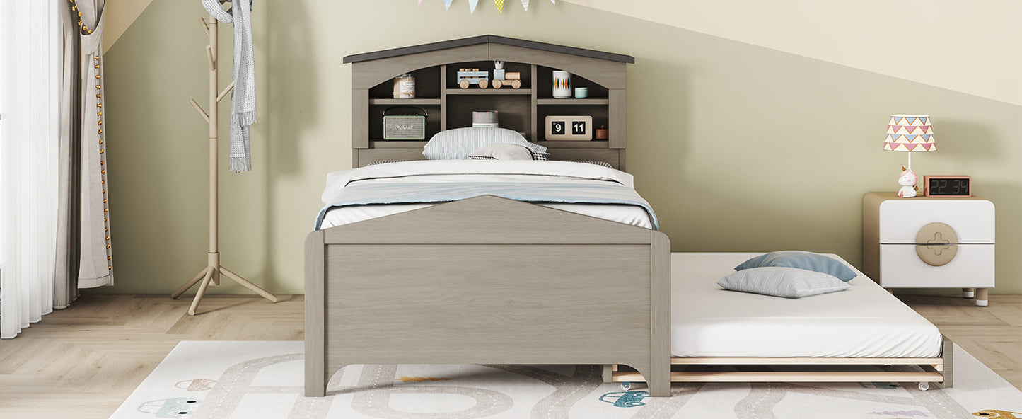 house-shaped bed with storage headboard and trundle, gray
