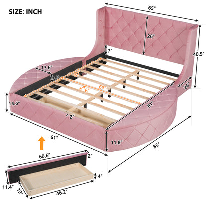 Upholstered Platform Storage Velvet Bed with Wingback Headboard- Pink