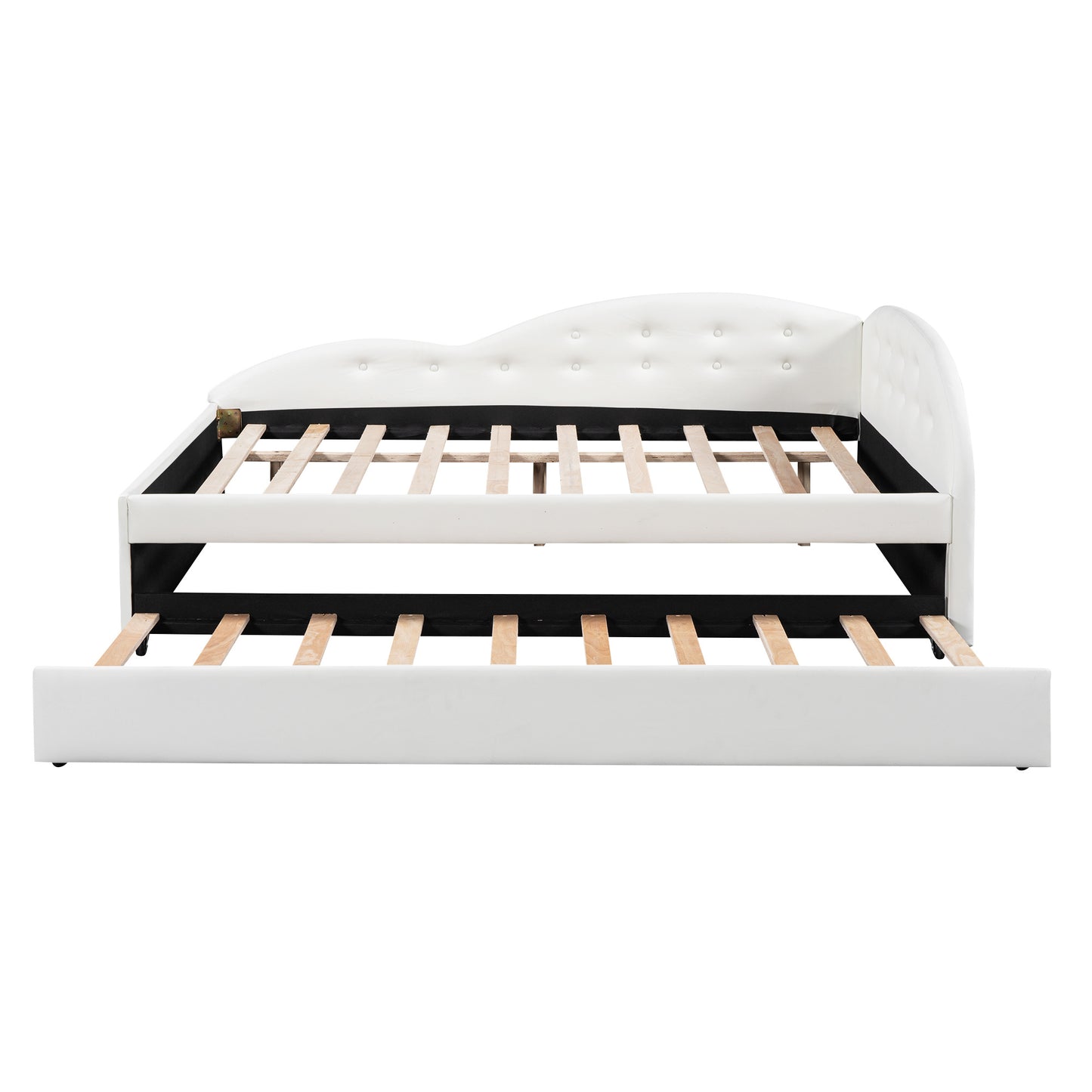 pu upholstered tufted daybed with trundle and cloud shaped guardrail, white