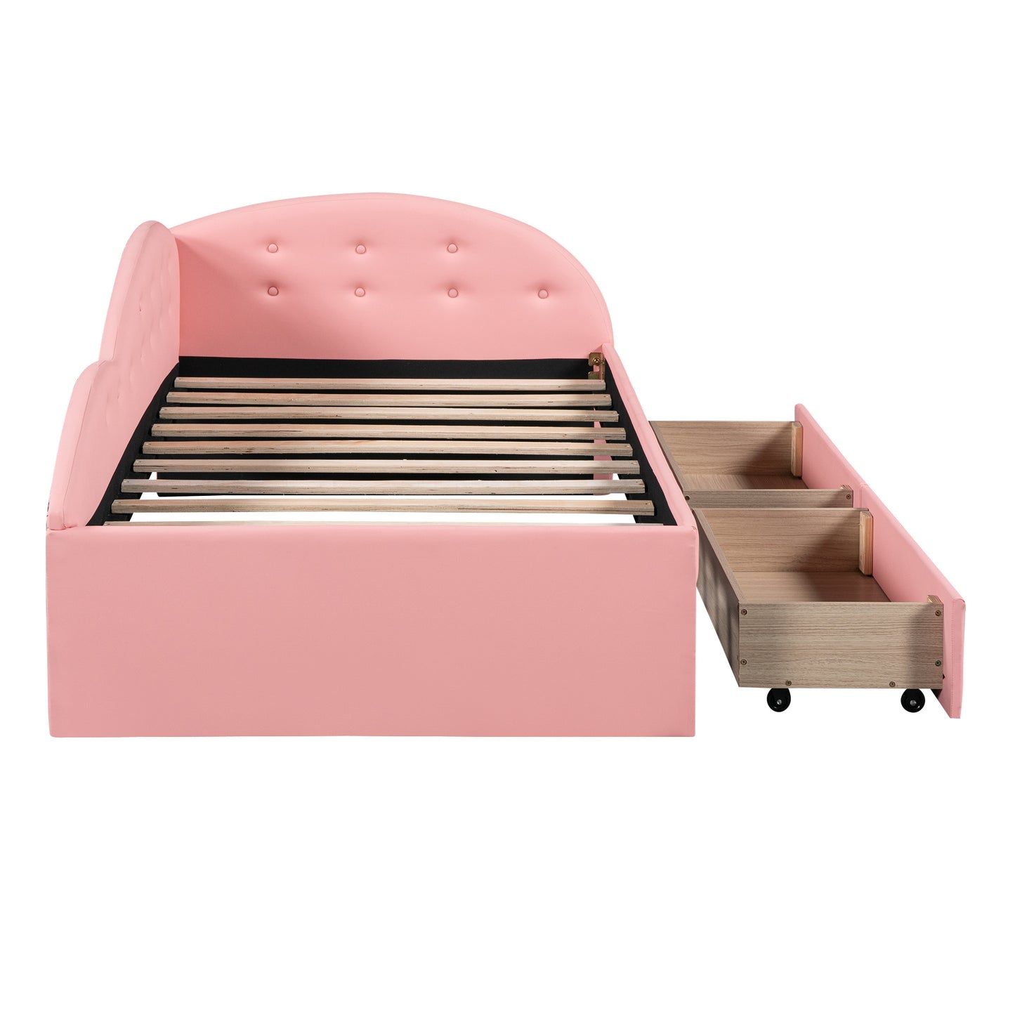 upholstered tufted bed with two drawers and cloud shaped guardrail, pink