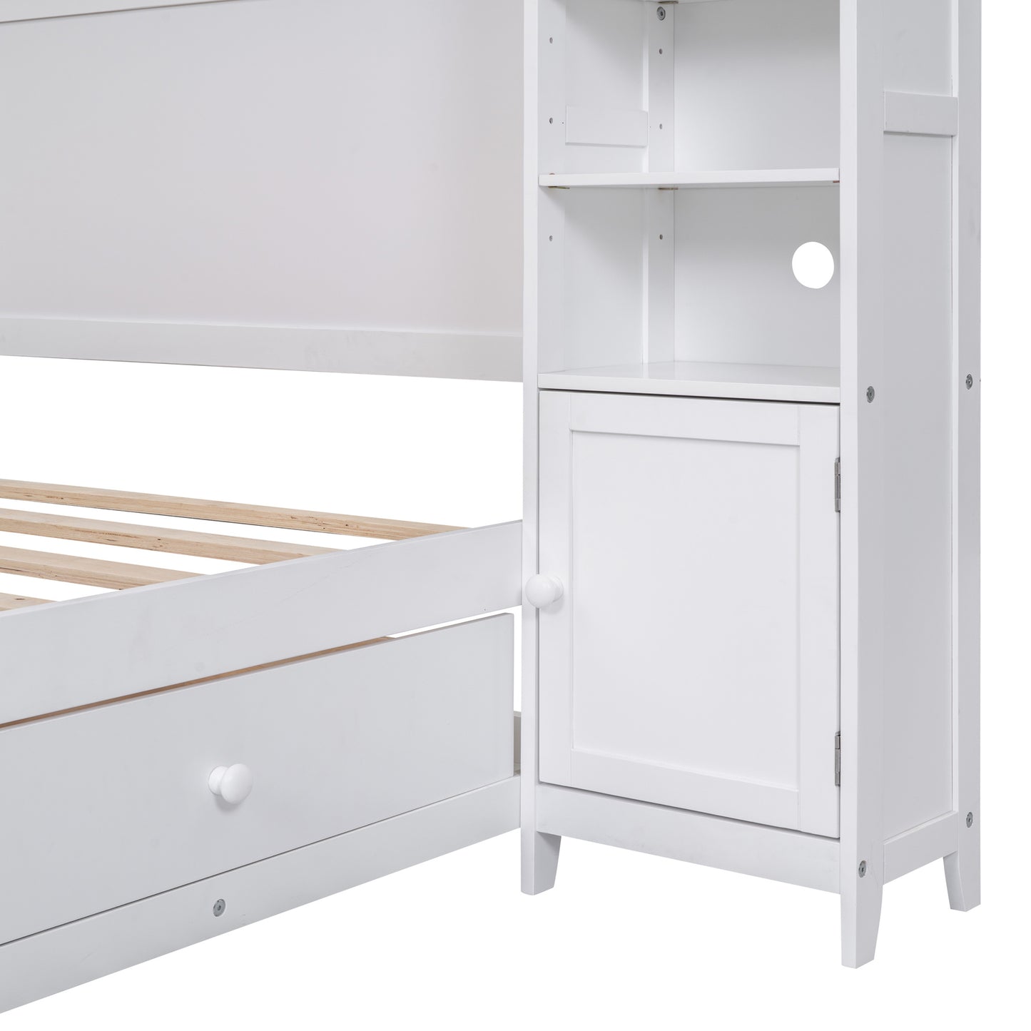wooden bed with all-in-one cabinet and shelf