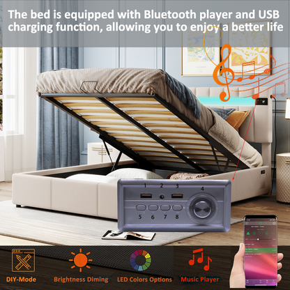 Velvet Upholstered Hydraulic Storage Bed with LED light, Bluetooth Player, and USB Charging