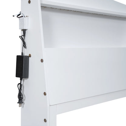 Platform Bed with Storage LED Headboard, Twin Size Trundle and 3 Drawers, White