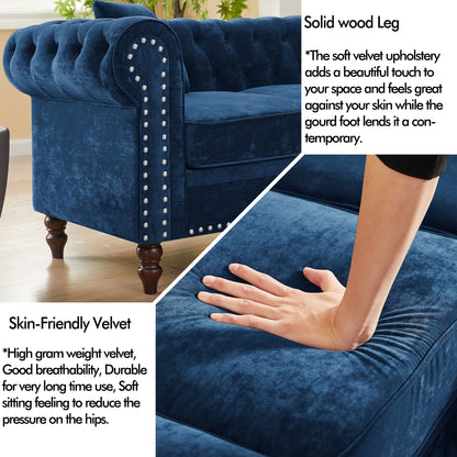 Luxury Classic Chesterfield L-shaped Sofa 3 Pillows Included, Blue Velvet
