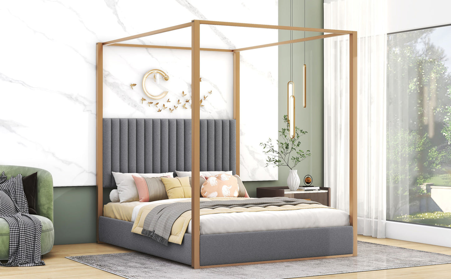 upholstery canopy platform bed with headboard and metal frame, gray