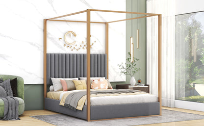 Upholstery Canopy Platform Bed with Headboard and Metal Frame, Gray
