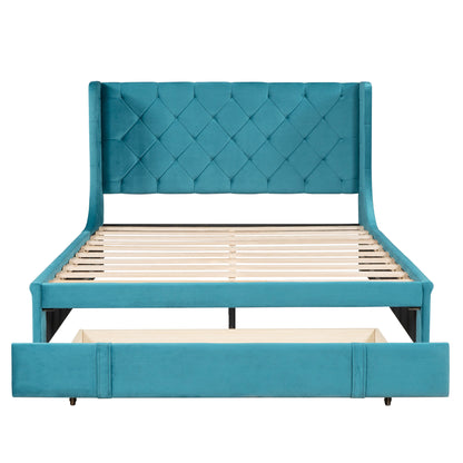 Modern Velvet Upholstered Platform Bed with Wingback Headboard and a Big Drawer