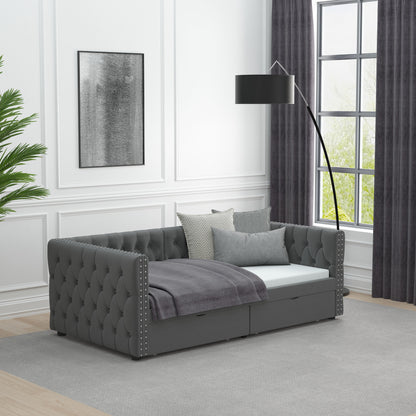 Velvet Upholstered Tufted Bed with Drawers, Grey