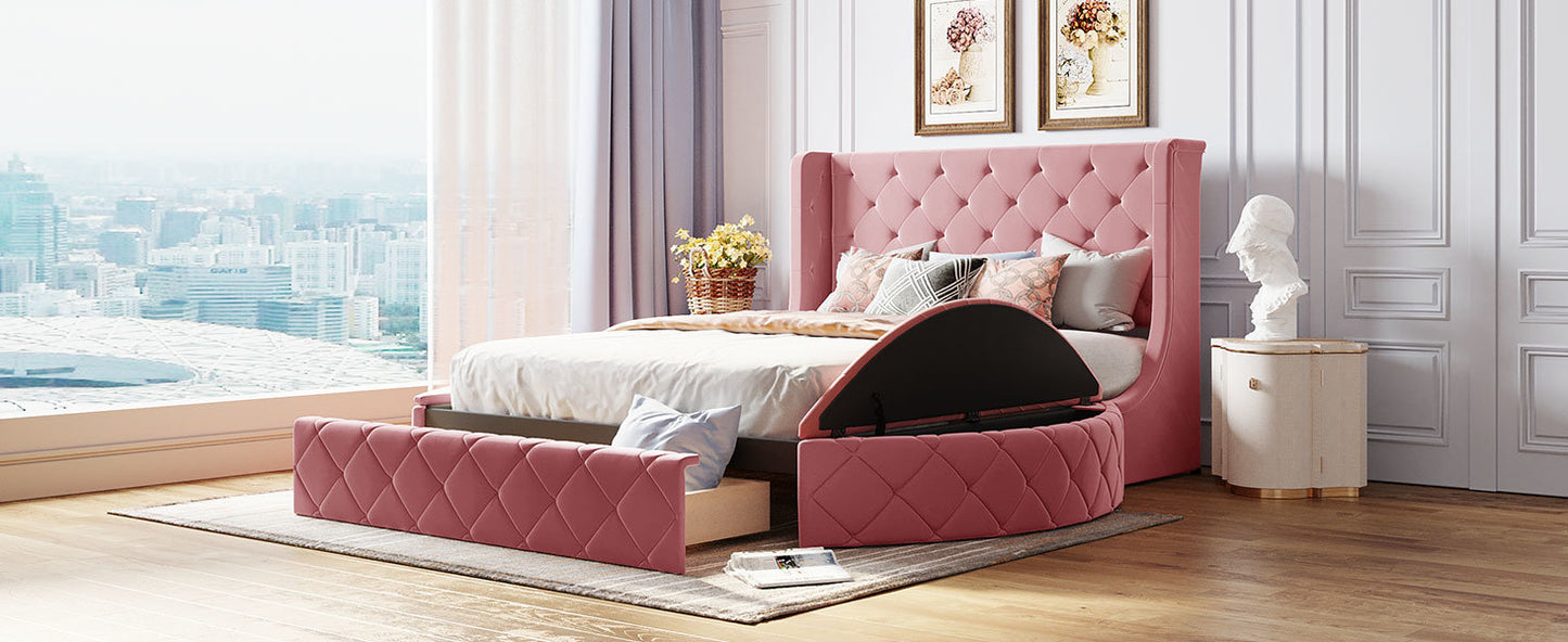 upholstered velvet platform bed with wingback headboard and 1 big drawer; 2 side storage stool