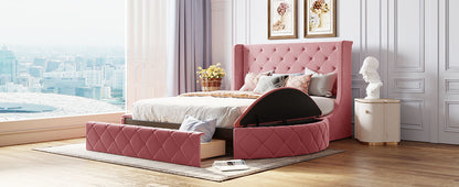 Upholstered Velvet Platform Bed with Wingback Headboard and 1 Big Drawer; 2 Side Storage Stool
