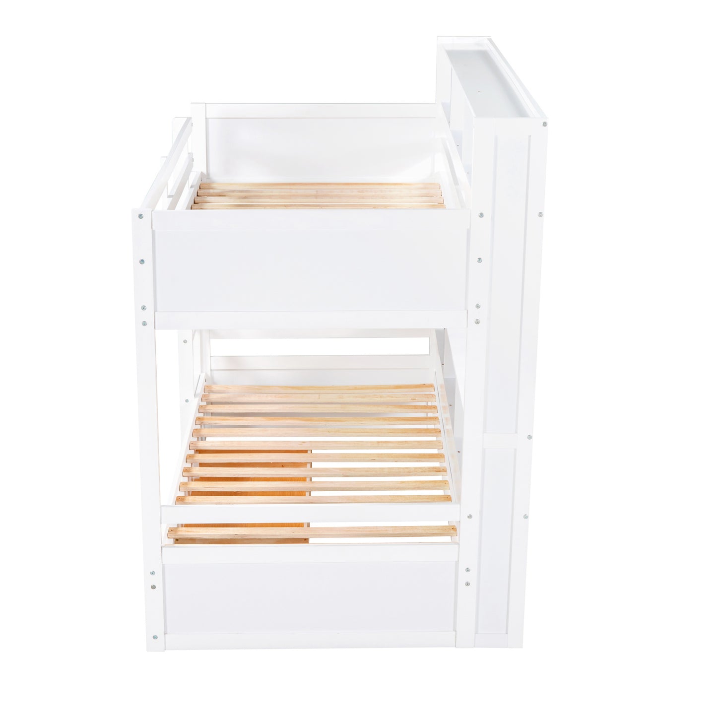 twin size bunk bed with built-in shelves, white