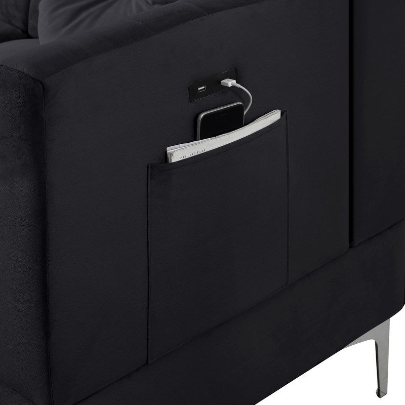 chloesectional sofa chaise with usb charging port, black