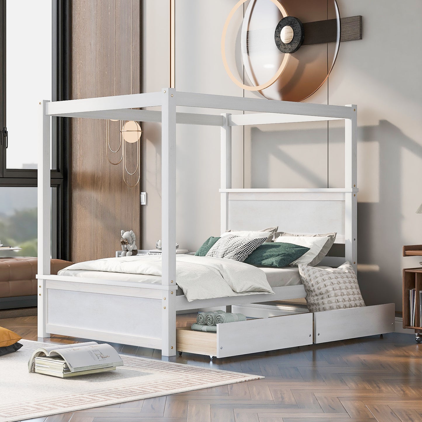 wood canopy bed with two drawers, white