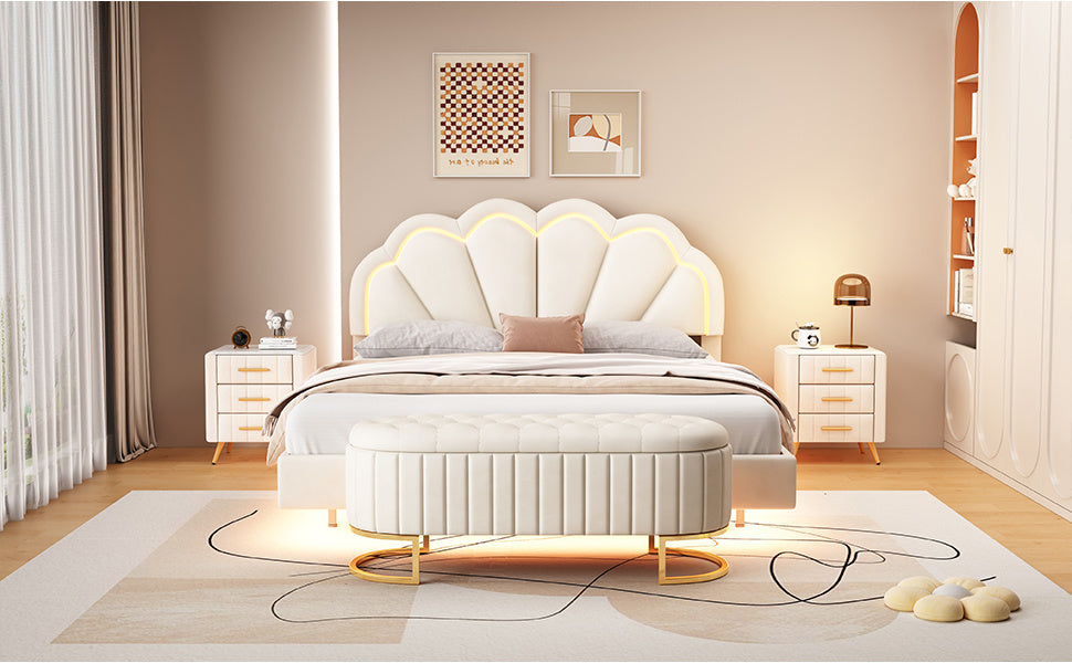 upholstered led platform bed with storage ottoman