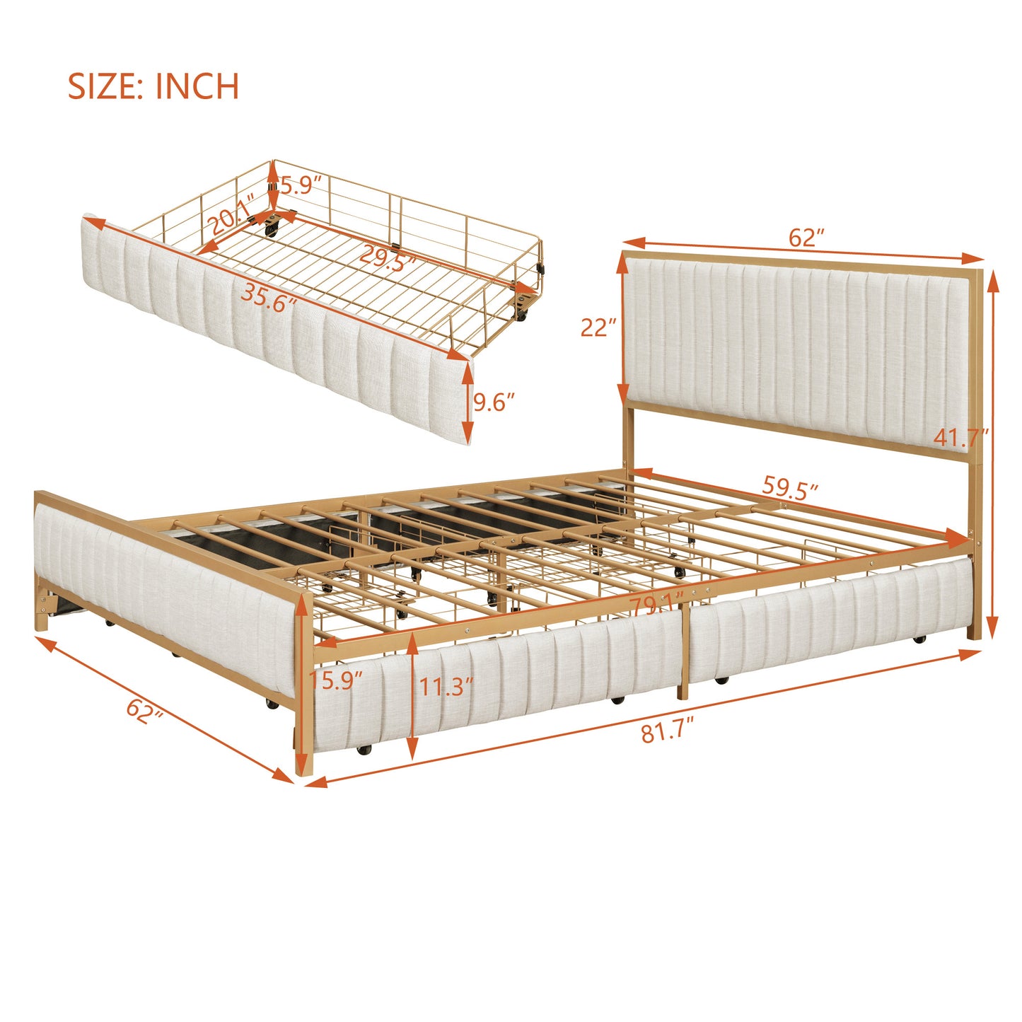 queen size metal frame upholstered bed with 4 drawers, linen fabric, beige