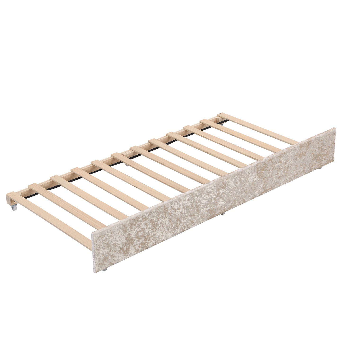 twin size snowflake velvet bed with built-in storage shelves, beige
