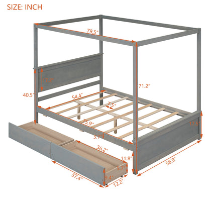 Wood Canopy Bed with two Drawers, Grey