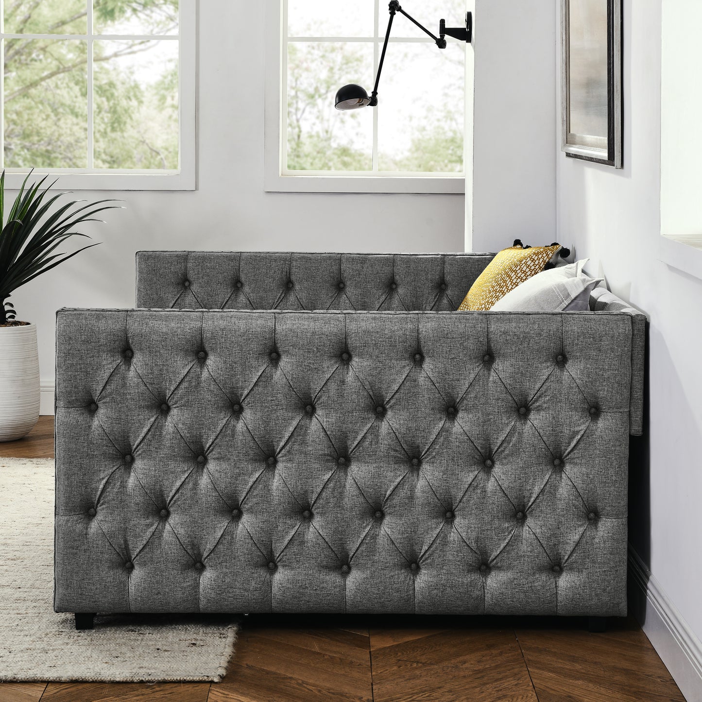 upholstered full size bed with two drawers, grey