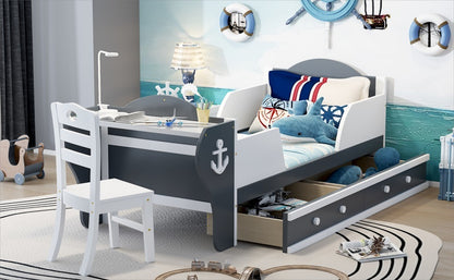 Boat-Shaped Platform Bed with Two Drawers, Desk and Chair, White+Gray