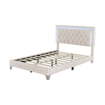 Upholstered Bed Frame with LED Lights, Beige