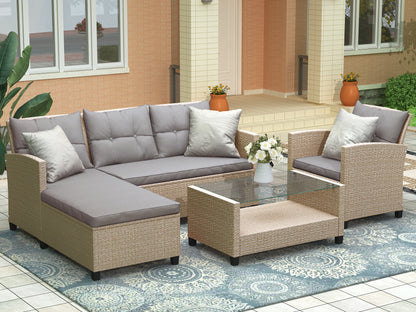 4 Piece Wicker Ratten Sectional Sofa Set with Seat Cushions, Beige Brown