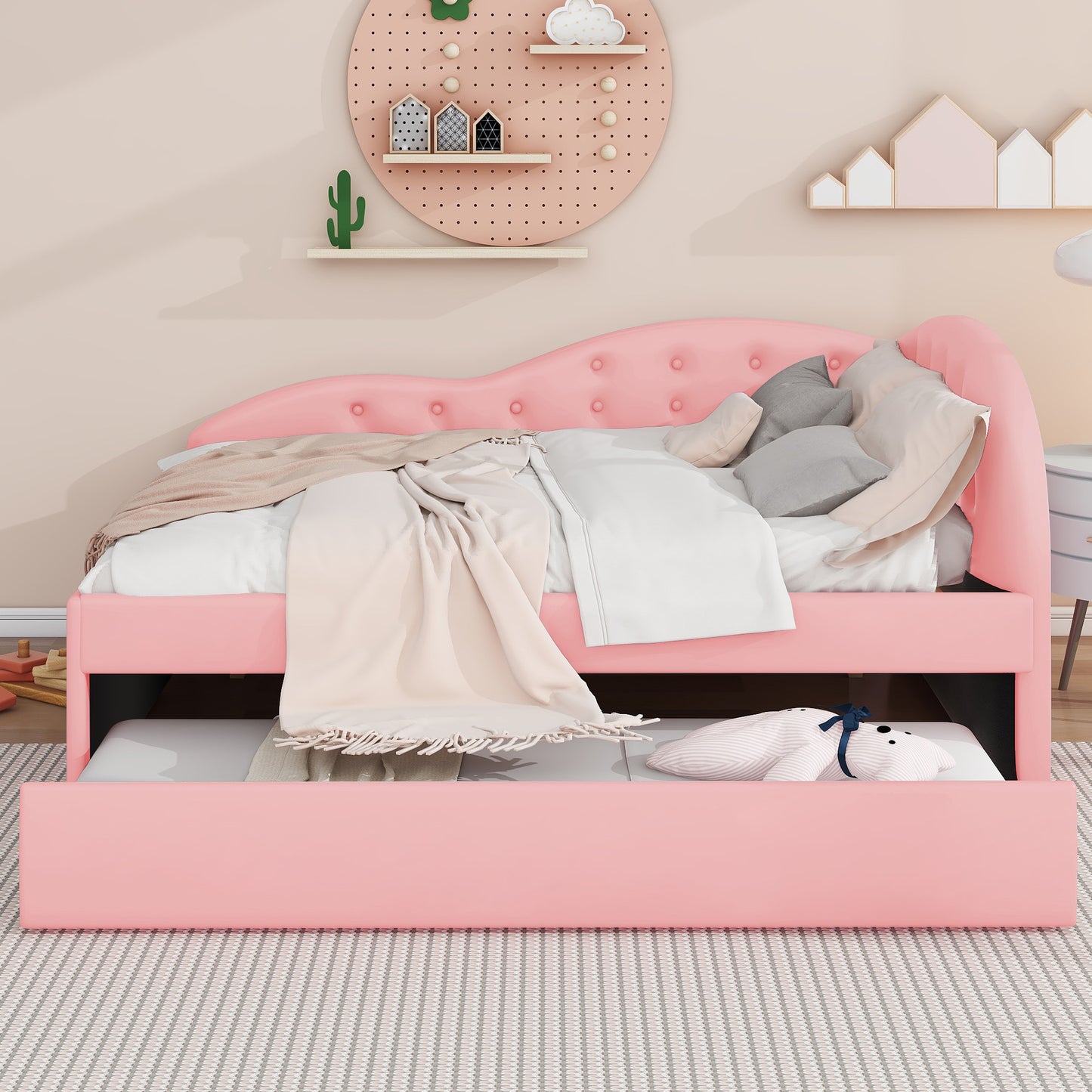 pu upholstered tufted daybed with trundle and cloud shaped guardrail, pink