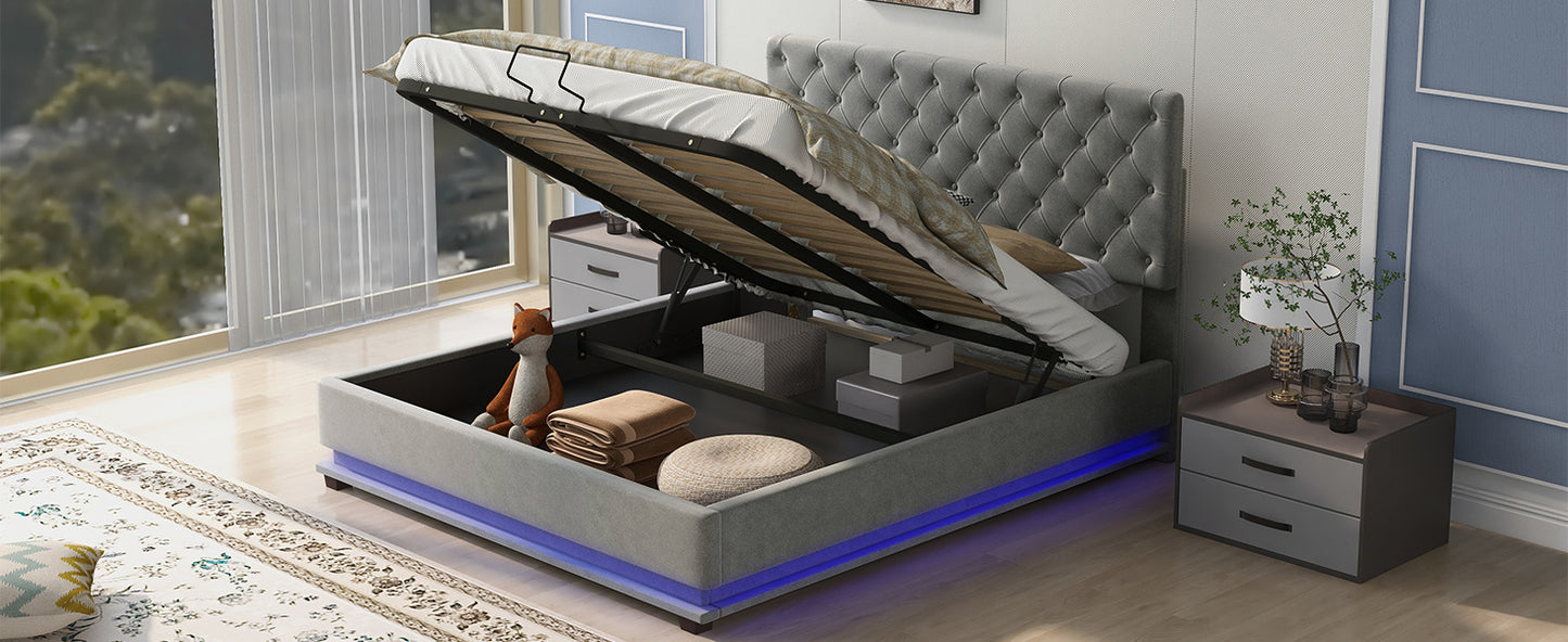 upholstered platform bed with adjustable tufted headboard and led light