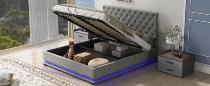 Upholstered Platform Bed with Adjustable Tufted Headboard and LED Light