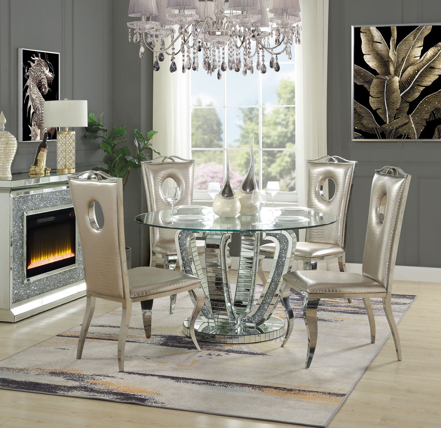 acme noralie dining table mirrored & faux diamonds