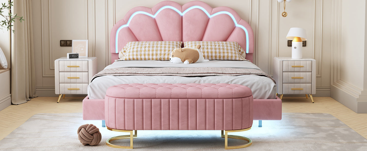 upholstered led platform bed with storage ottoman