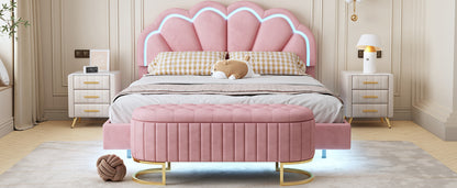 Upholstered LED Platform Bed with Storage Ottoman