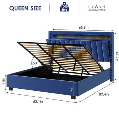 Luxury Gas Lift Storage Bed with RF LED Lights, Storage Headboard ,Velvet Blue