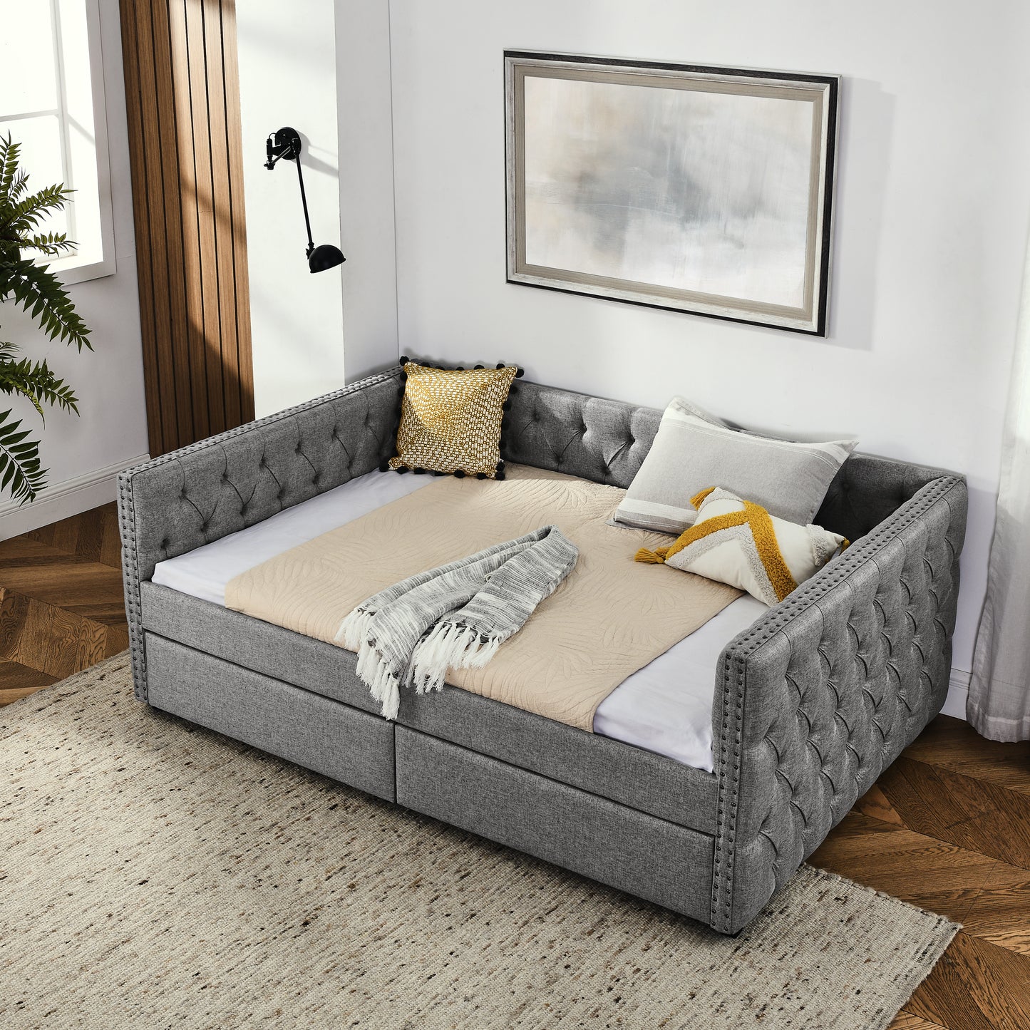 upholstered full size bed with two drawers, grey