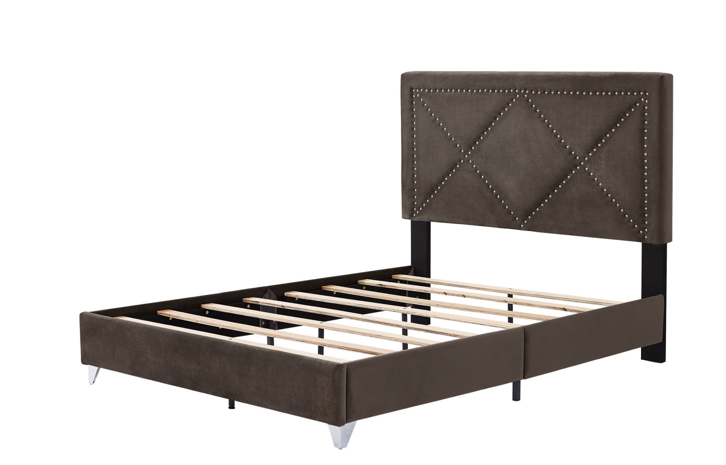 beautiful brass studs adorn the headboard, strong wooden slats + metal legs with electroplate