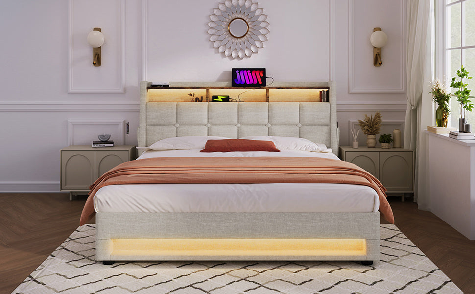 jody upholstered platform bed with a hydraulic storage system, led and usb charging,