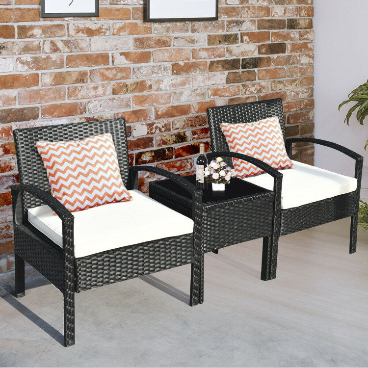 3 pieces outdoor rattan patio conversation set with seat cushions