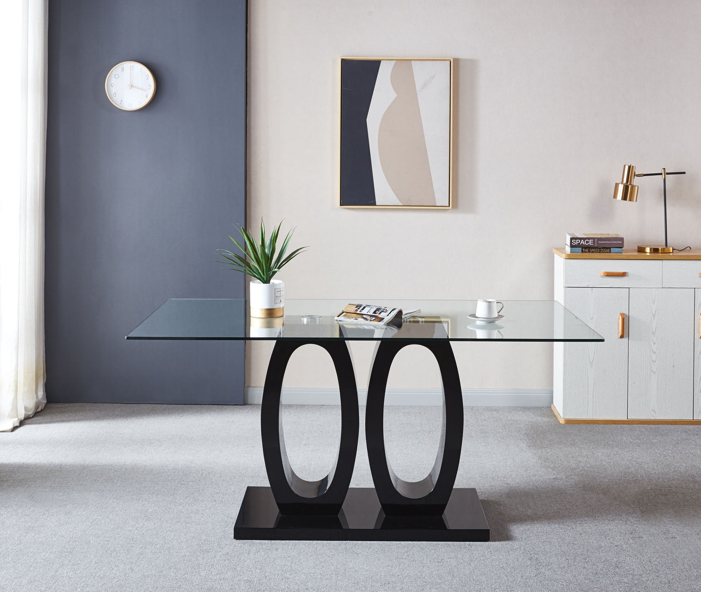 double pedestal dining table- tempered glass, black