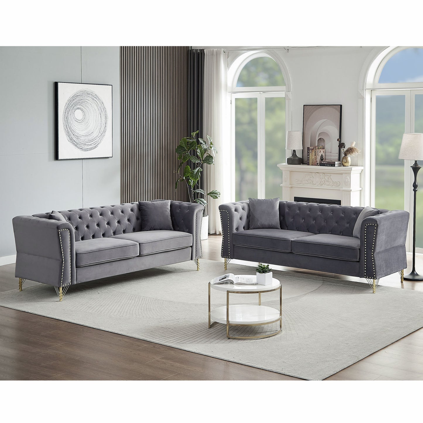 3-seater + 3-seater combination sofa tufted with 4 pillows
