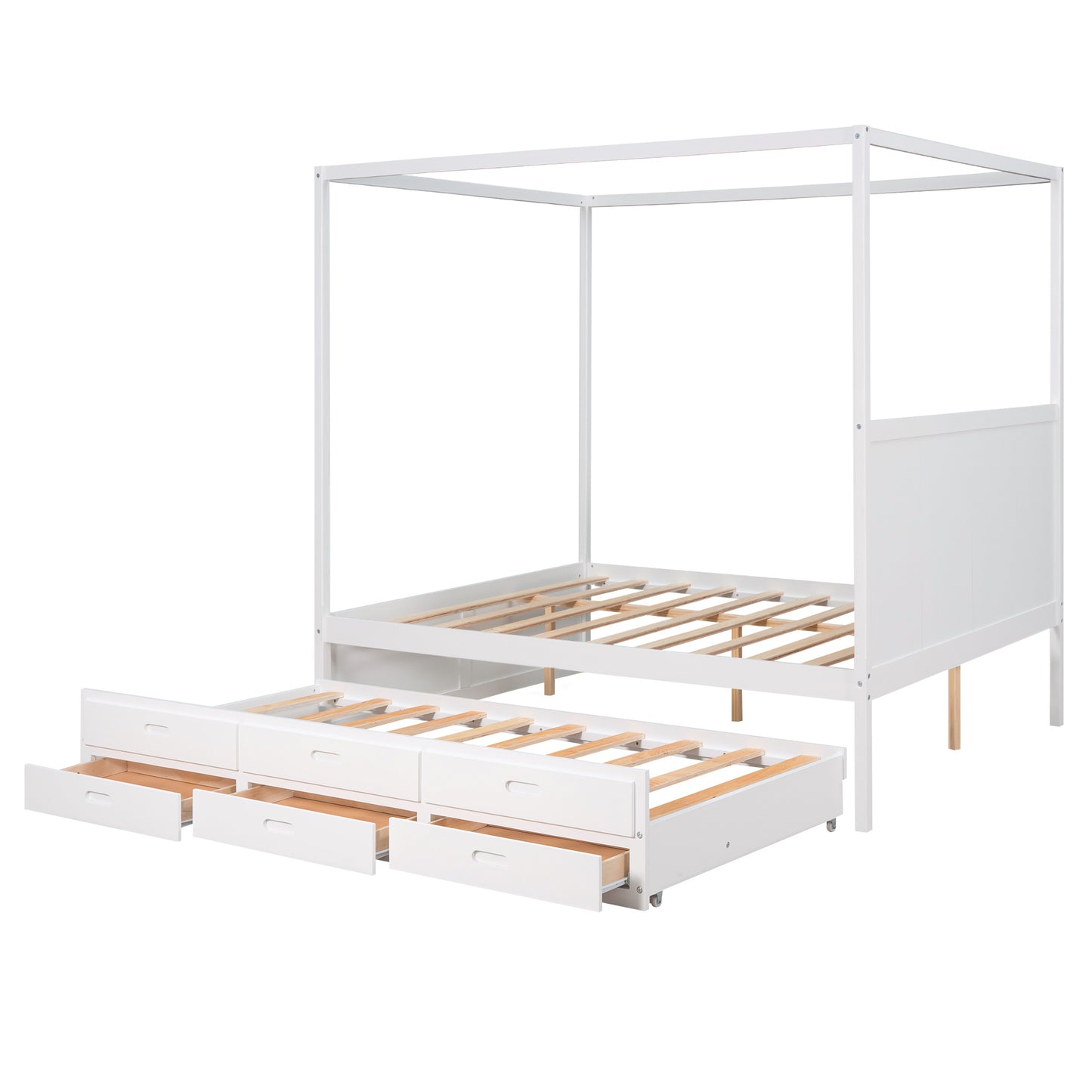 queen size canopy platform bed with twin size trundle and three storage drawers,white