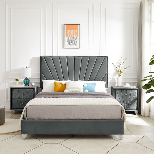 B108 Queen bed with two nightstands, + metal legs with Electroplate