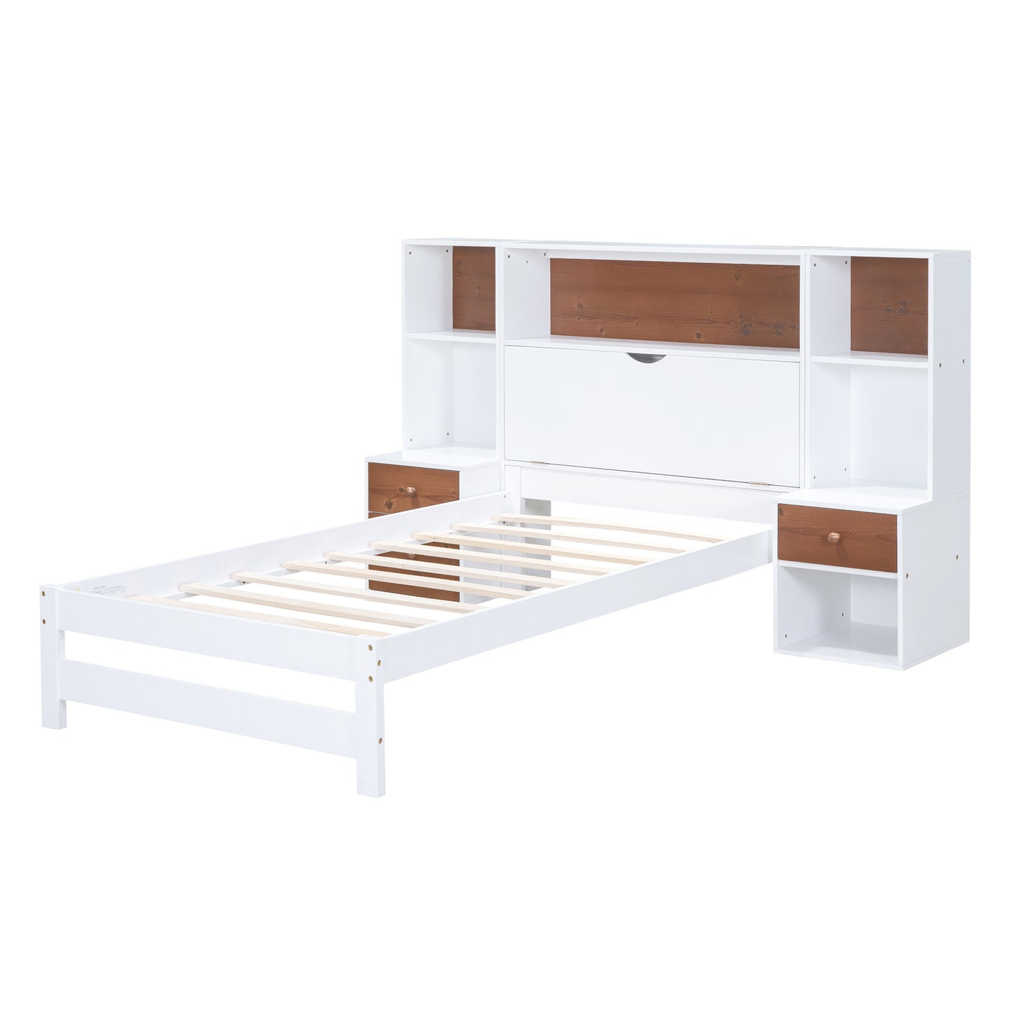 twin size platform bed with storage headboard and drawers, white