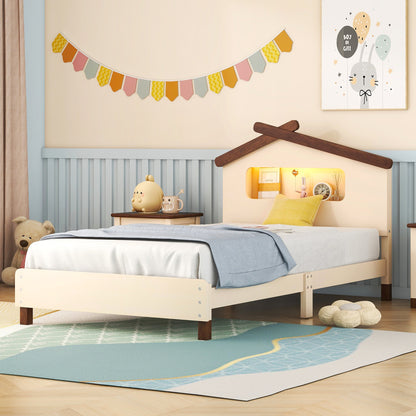 Wood Platform Bed with House-shaped Headboard and Motion Activated Night Lights, Cream+Walnut
